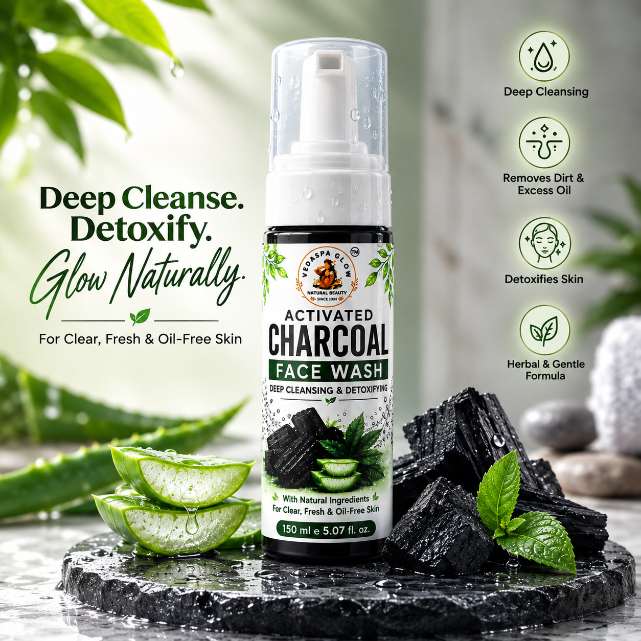 VedaSpaGlow Activated Charcoal Face Wash – Deep Cleansing & Oil Control | 150 ml