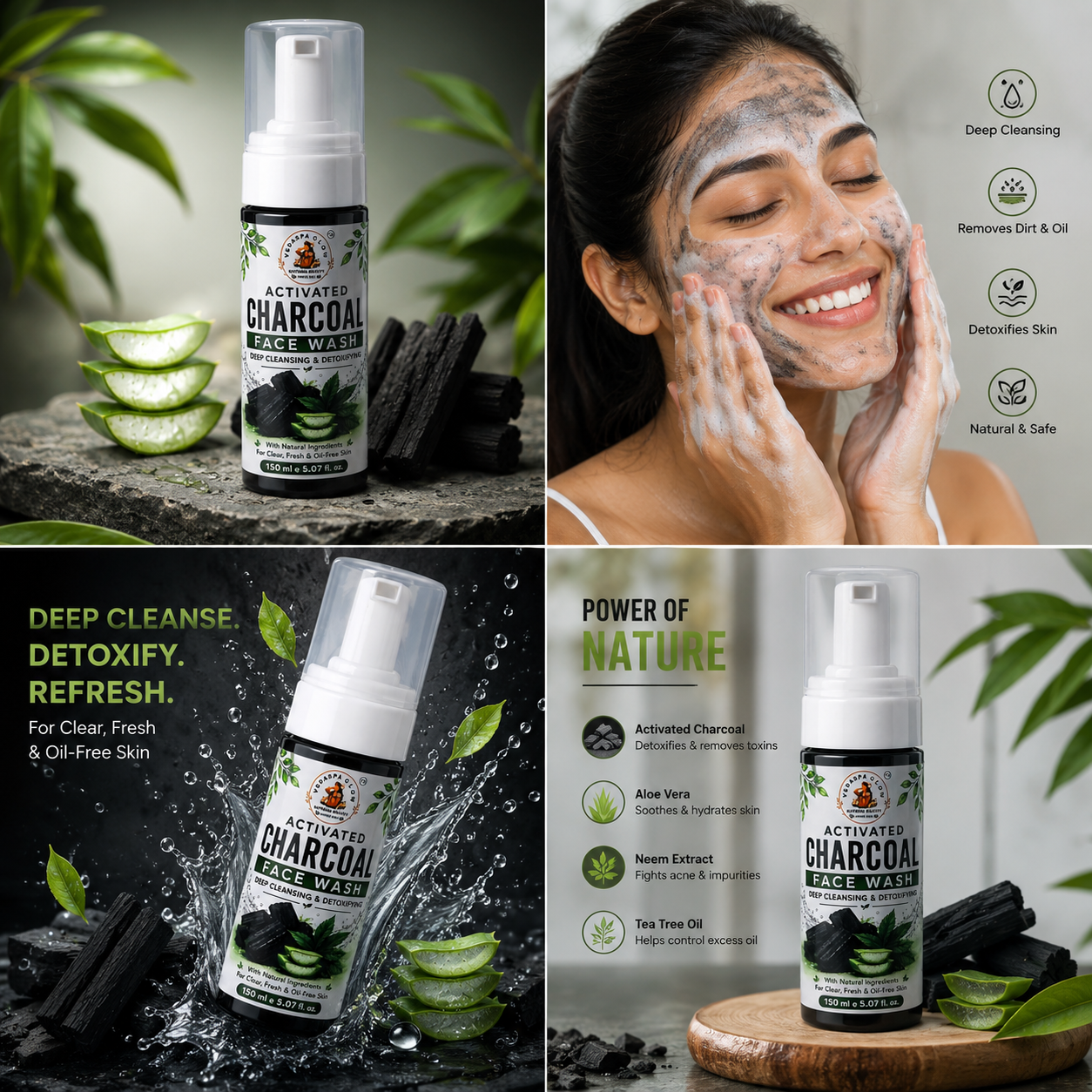 VedaSpaGlow Activated Charcoal Face Wash – Deep Cleansing & Oil Control | 150 ml