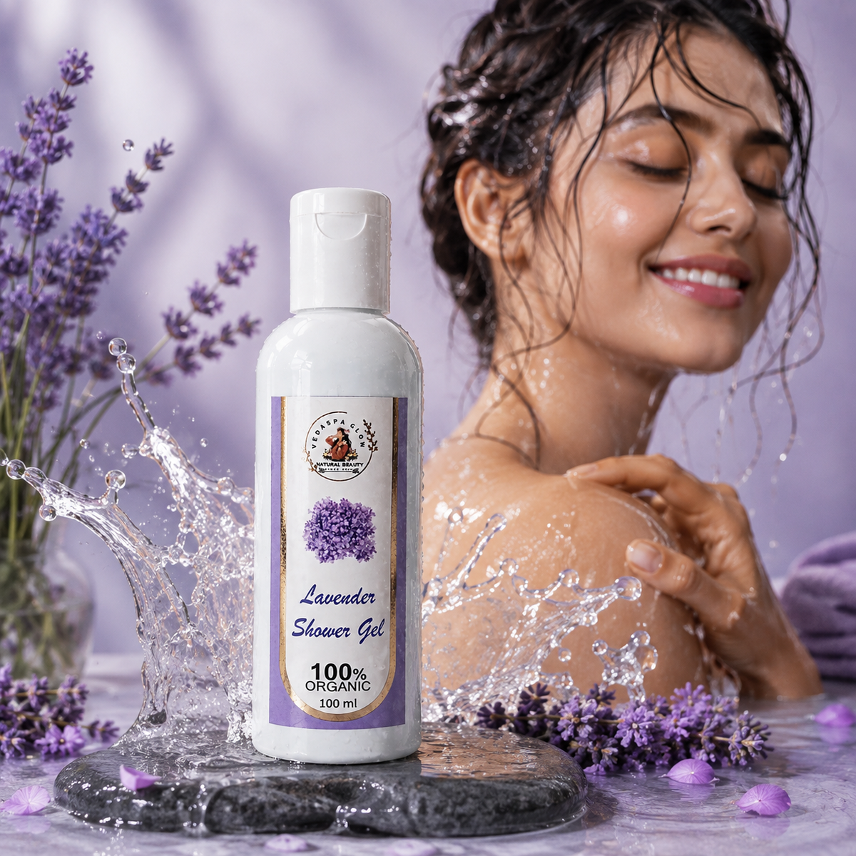 Lavender Shower Gel in a refreshing shower setting