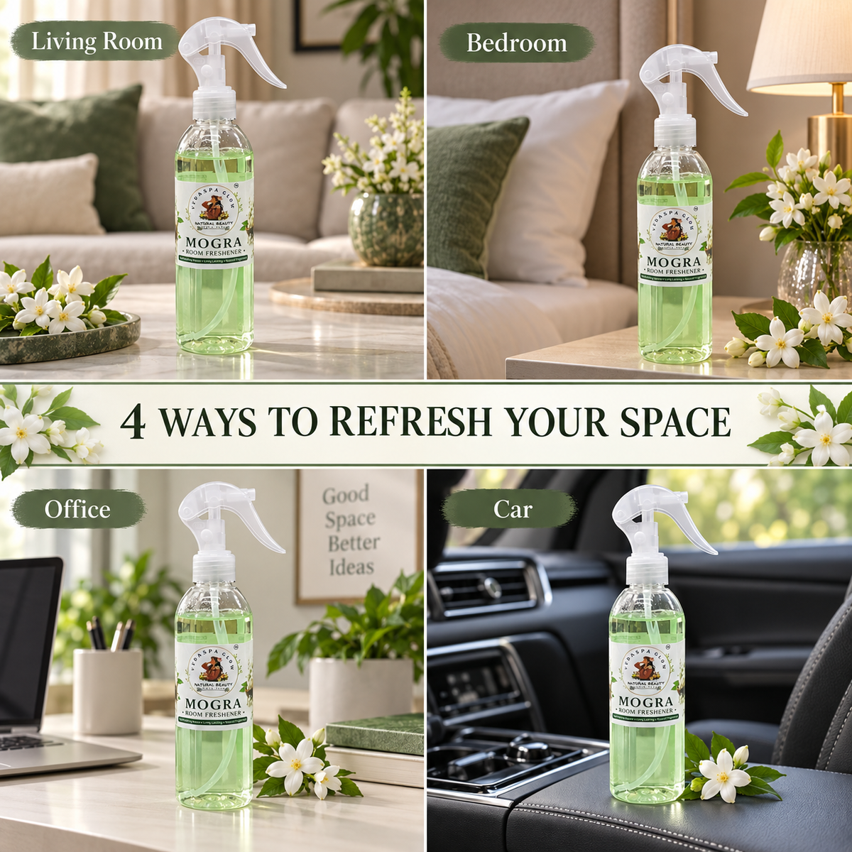 Four ways to use Mogra Room Freshener in living room bedroom office and car
