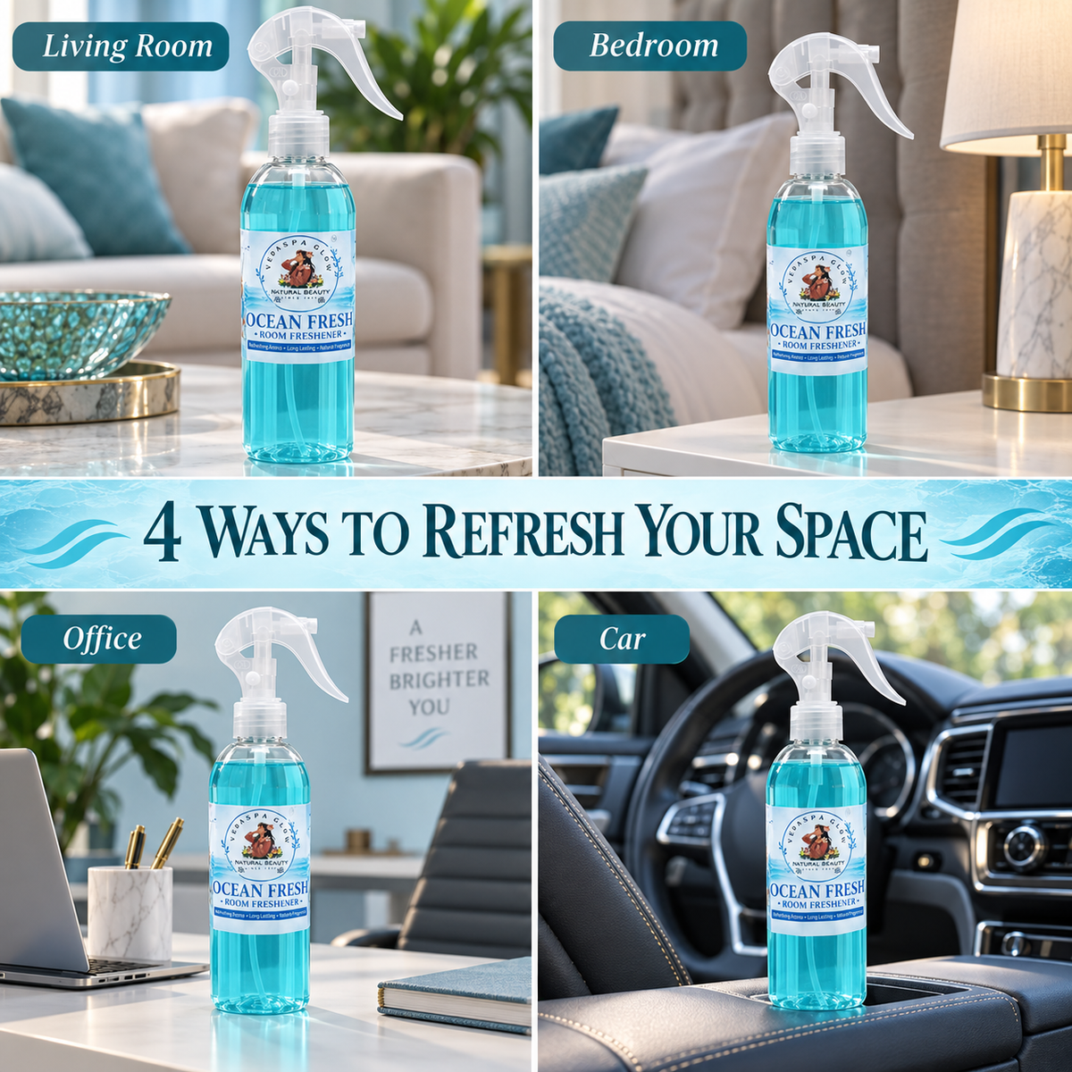 Four ways to use Ocean Fresh Room Freshener in living room bedroom office and car