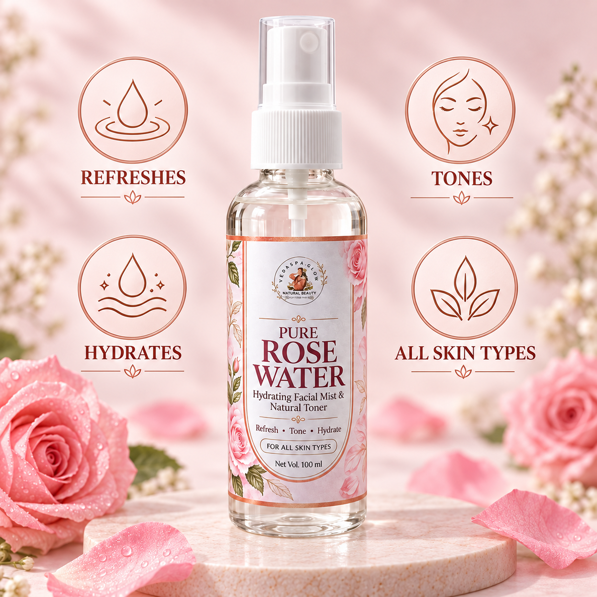 VedaSpaGlow Pure Rose Water benefits: refreshes, tones and hydrates