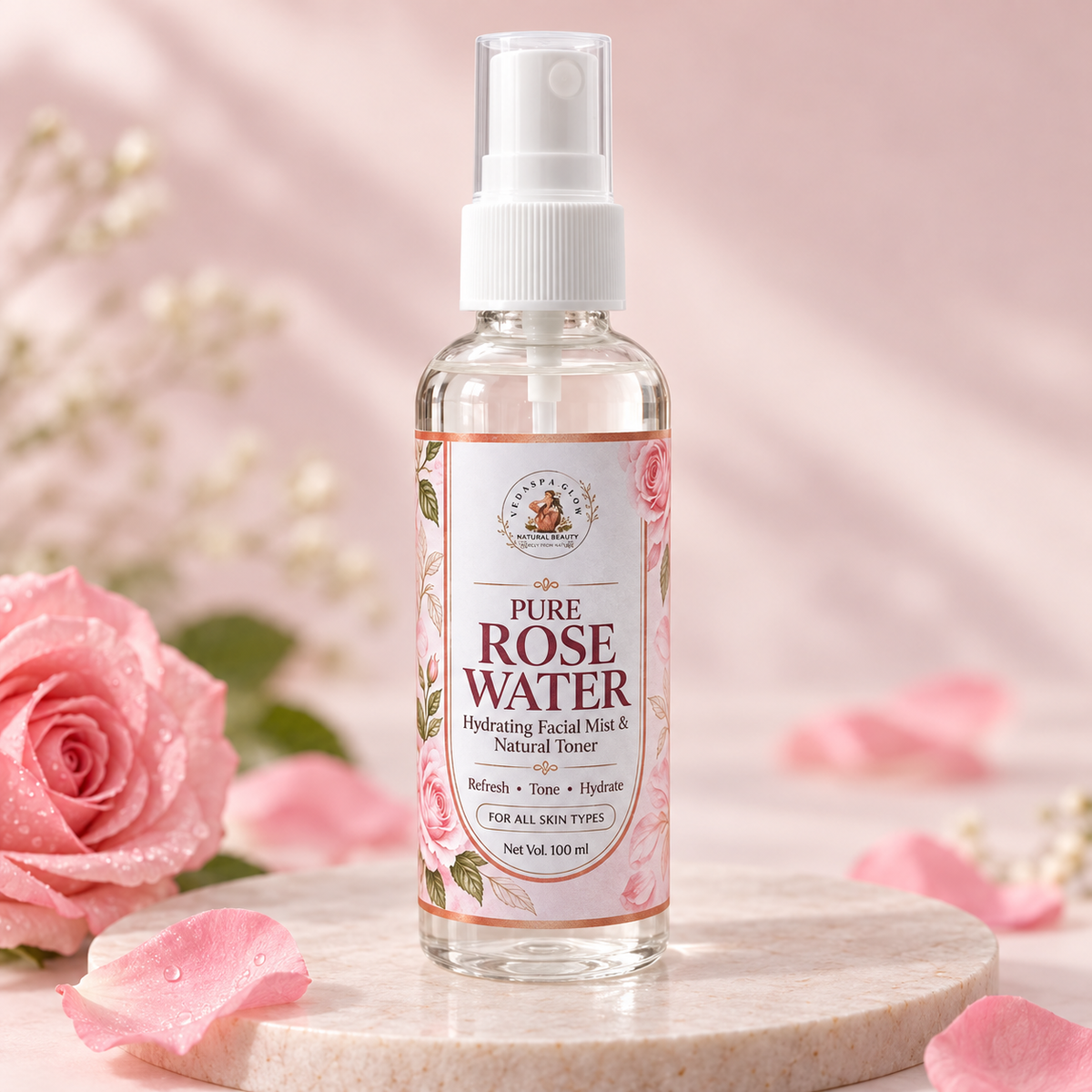 VedaSpaGlow Pure Rose Water 100 ml front product view