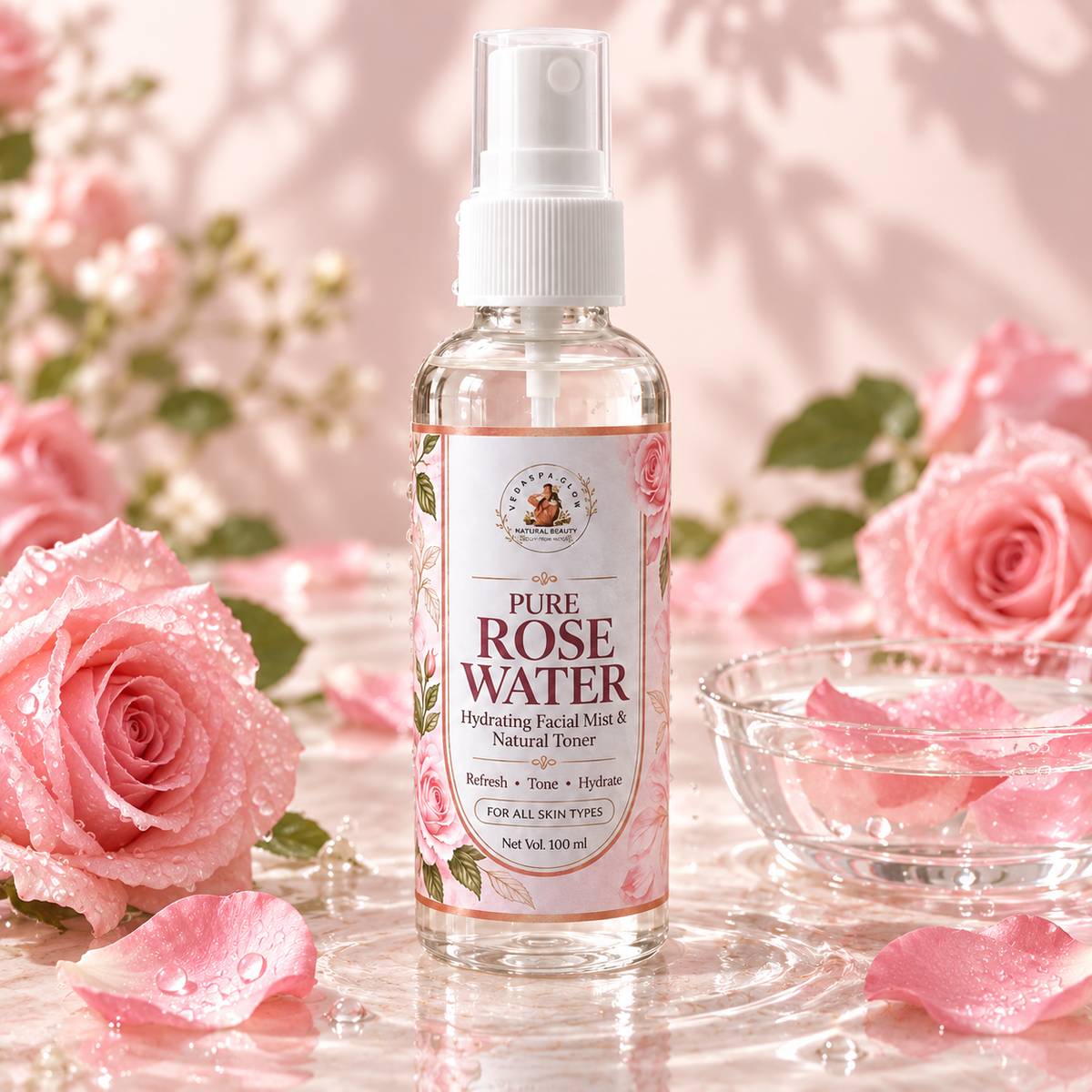 VedaSpaGlow Pure Rose Water with fresh roses and water