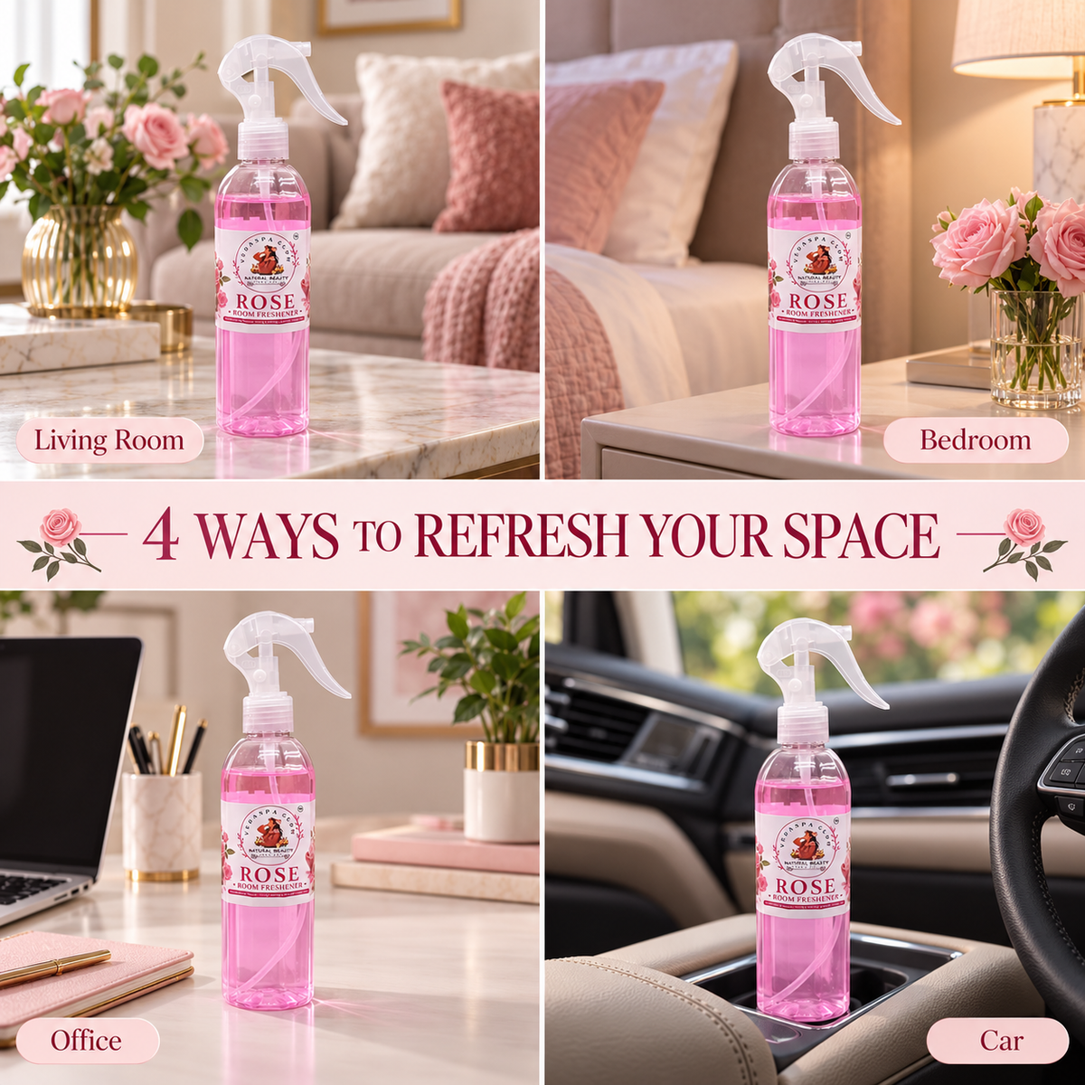 Four ways to use Rose Room Freshener in living room bedroom office and car