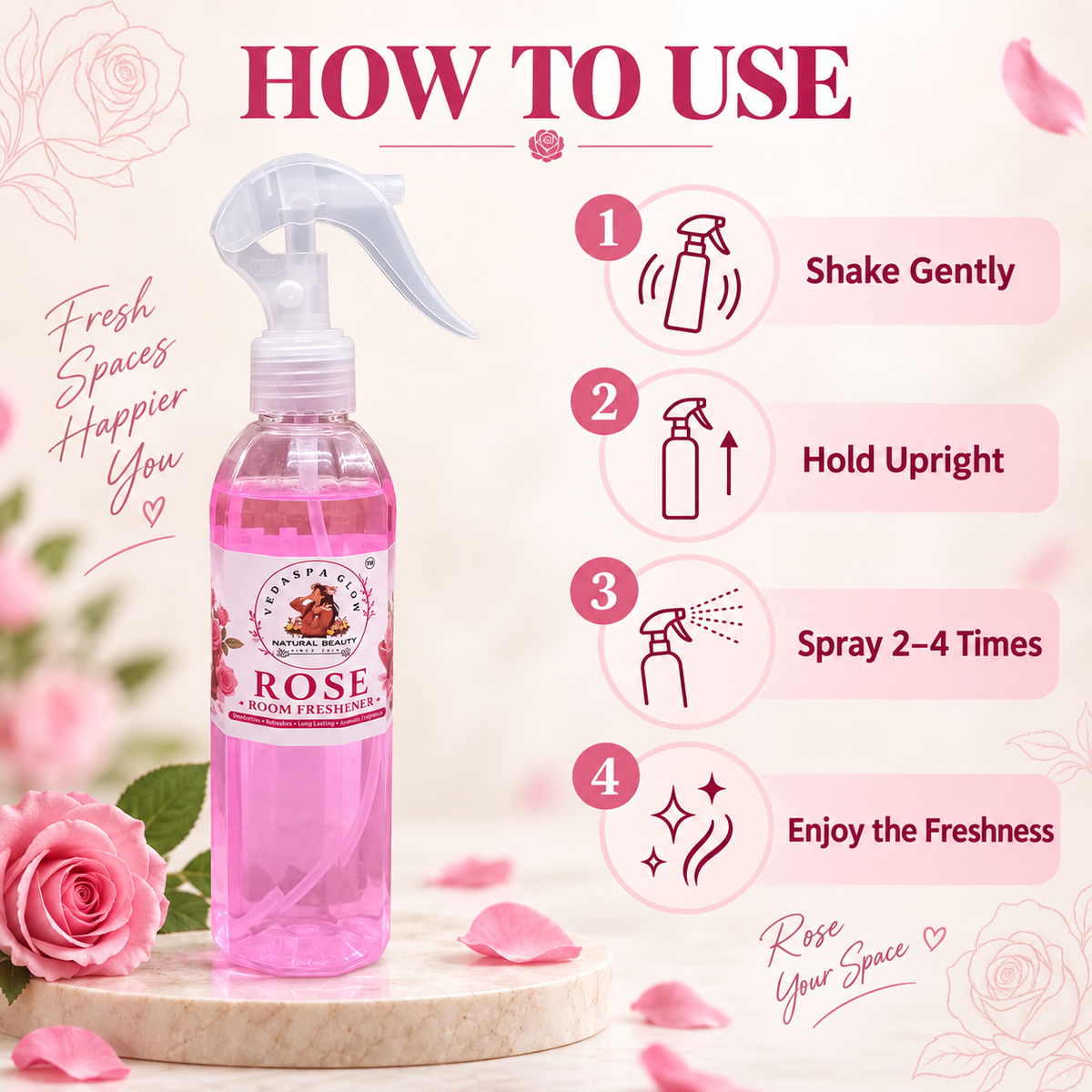 How to use VEDASPA GLOW Rose Room Freshener